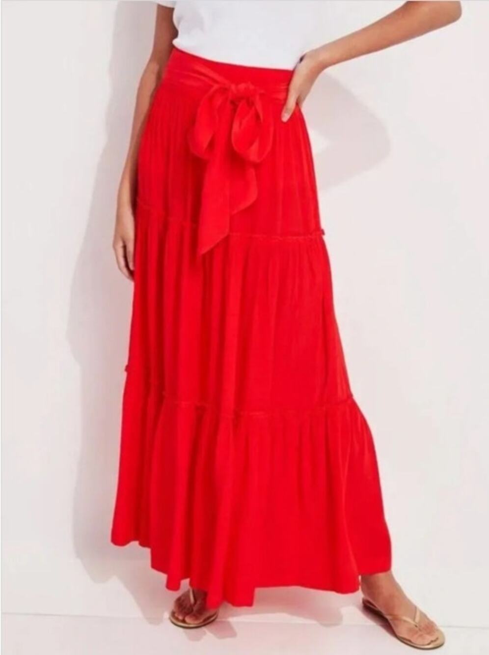 Vineyard Vines Red Tiered Maxi Skirt Tie Waist Size 10 Summer Boho Coastal
